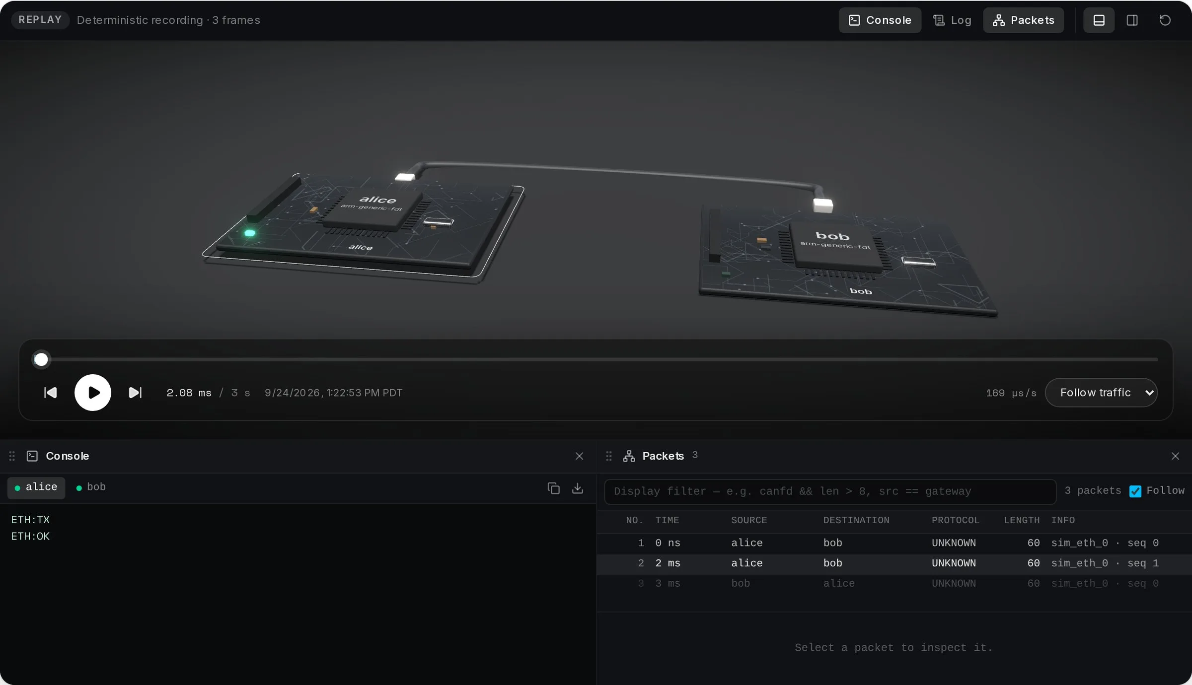 A VirtMCU replay: two boards joined by an Ethernet cable, with the console and packet list docked below